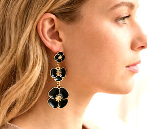 Kate Spade TRIPLE FLUTTER FLORAL DROP EARRINGS CHANDELIER BLACK ENAMEL crystals